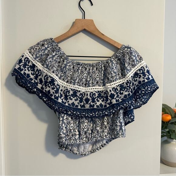 Solitaire Blue Floral Off Shoulder Blouse Top Medium - Picture 4 of 8